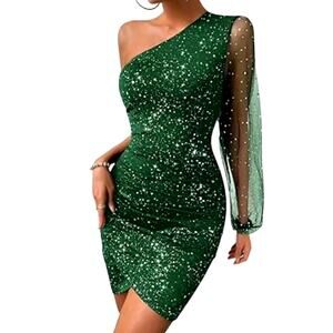 DCYWBD Women's Small Green Silver Dotted One Shoulder Bodycon Mesh Mini Dress